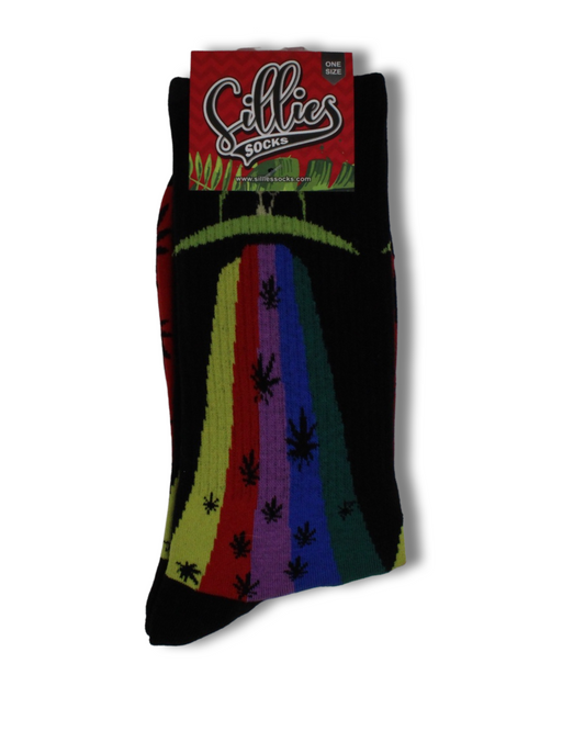 Sillies Socks One Size - Rainbow Alien Ship with Hemp Leaves