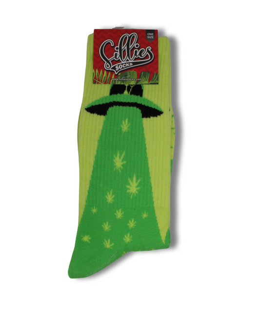 Sillies Socks One Size - Green Alien Ship with Hemp Leaves
