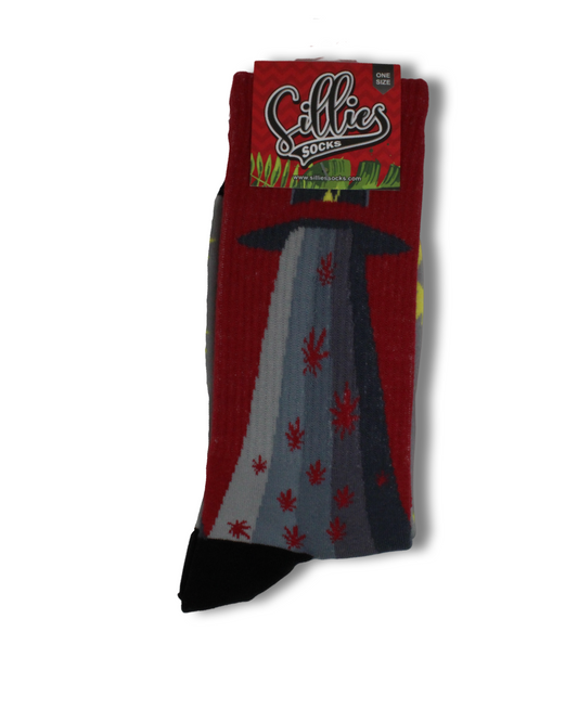 Sillies Socks One Size - Red and Grey Alien Ship with Hemp Leaves