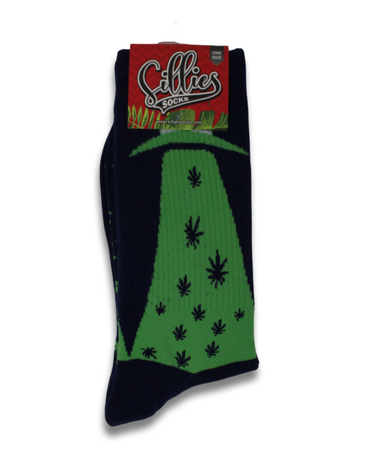 Sillies Socks One Size - Dark Blue And Green Alien Ship With Hemp Leaves