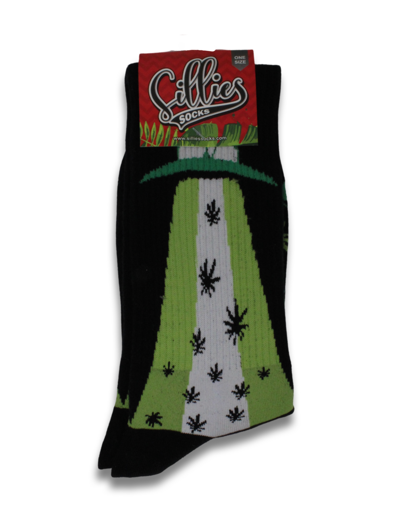 Sillies Socks One Size - Green and White Alien Ship with Hemp Leaves