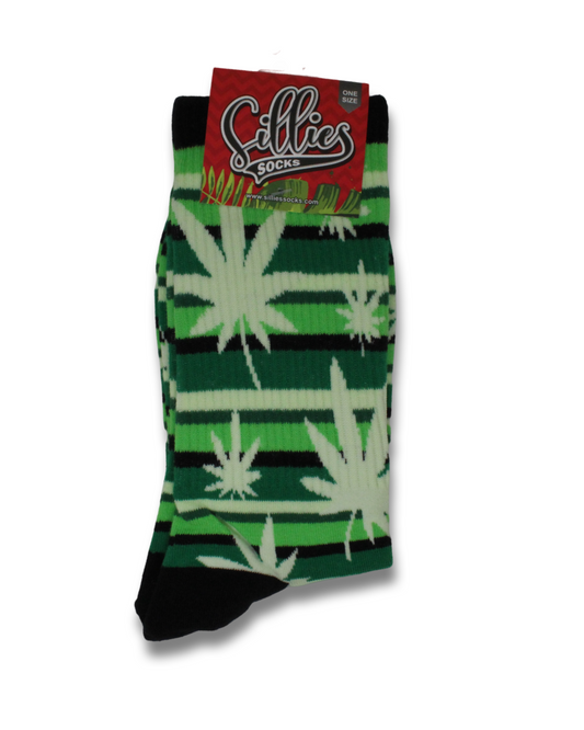 Sillies Socks One Size - Green Stripes with Hemp Leaves
