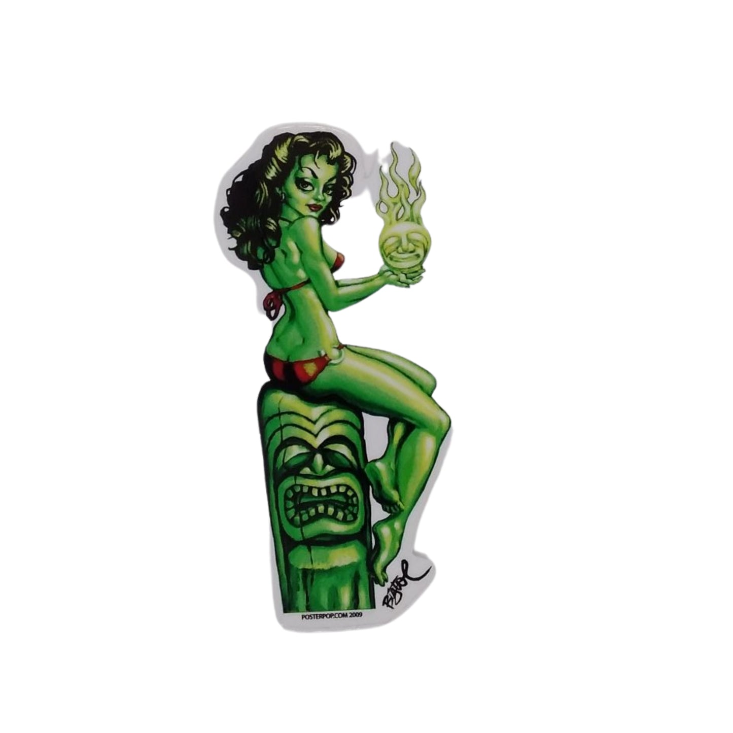 Green Skin Woman Sitting on Tiki - Sticker